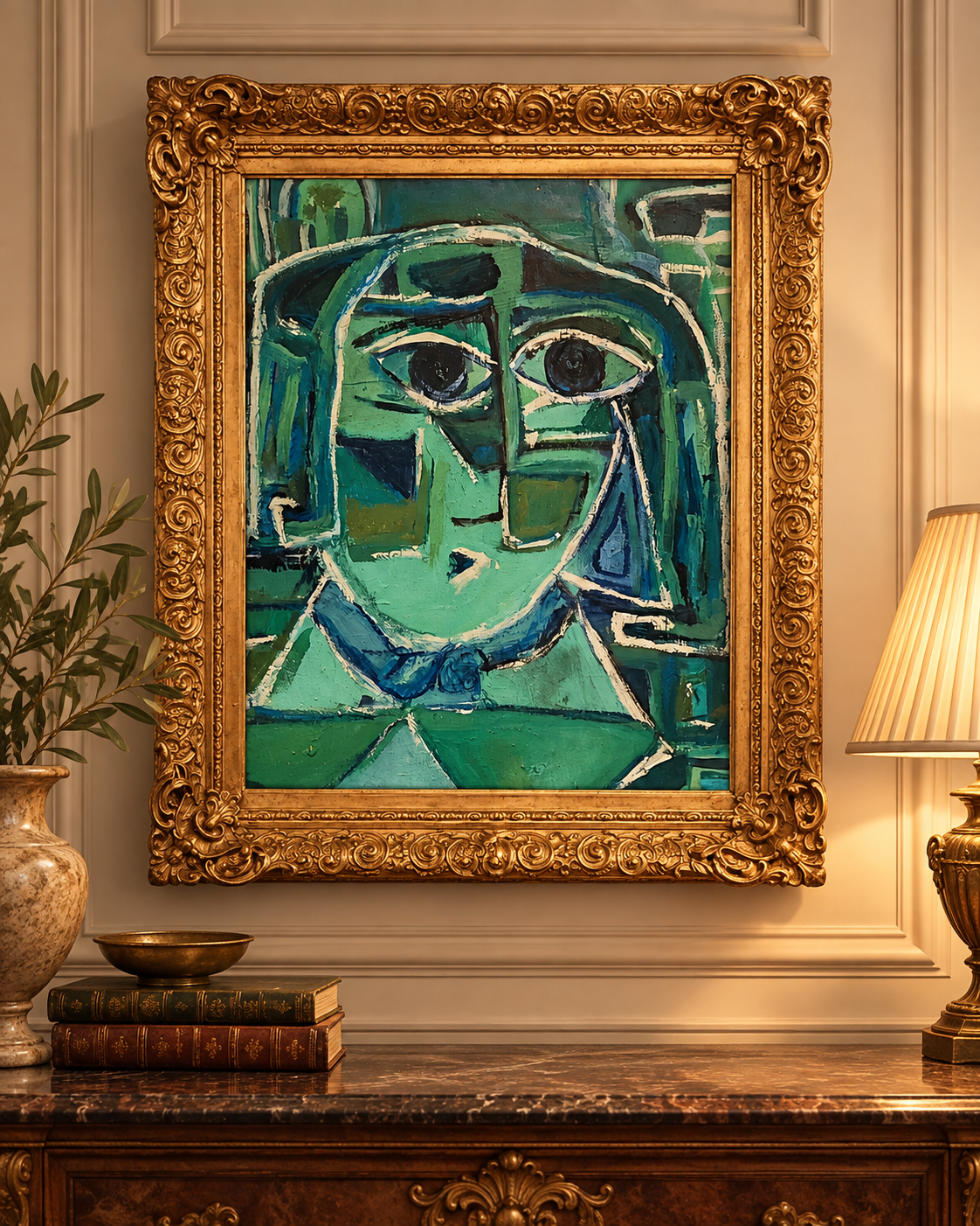 After the Beach, green cubist portrait in an ornate gold frame