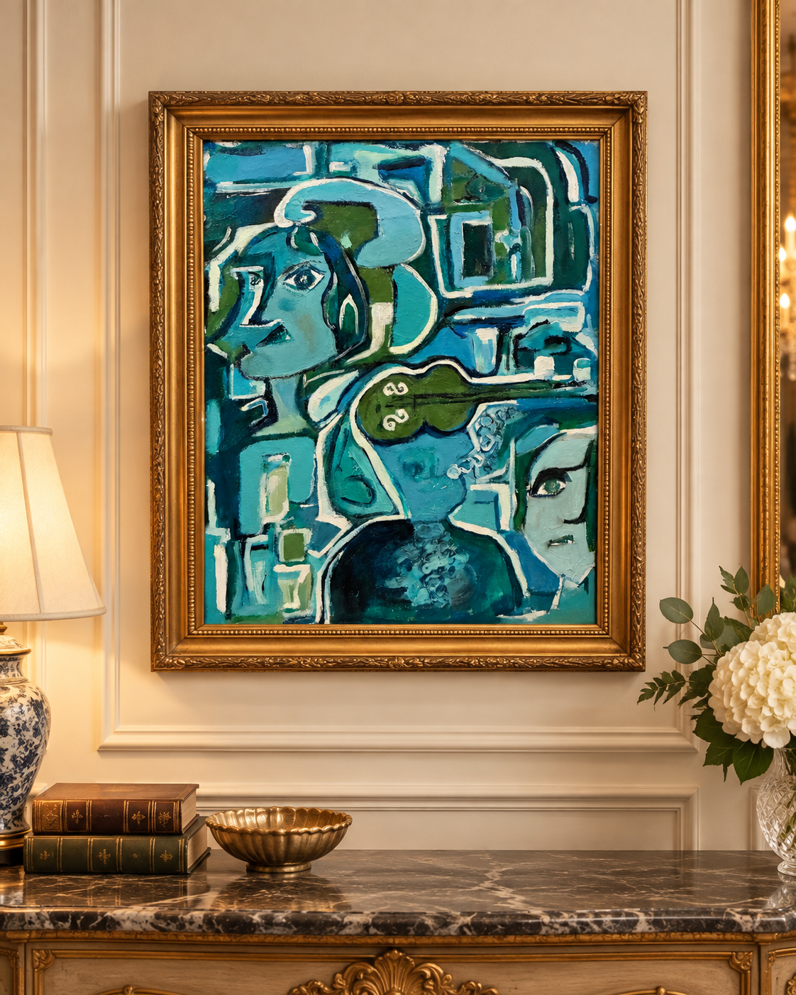 Bleu Tunes in My Cello Head, blue-green figurative abstract painting