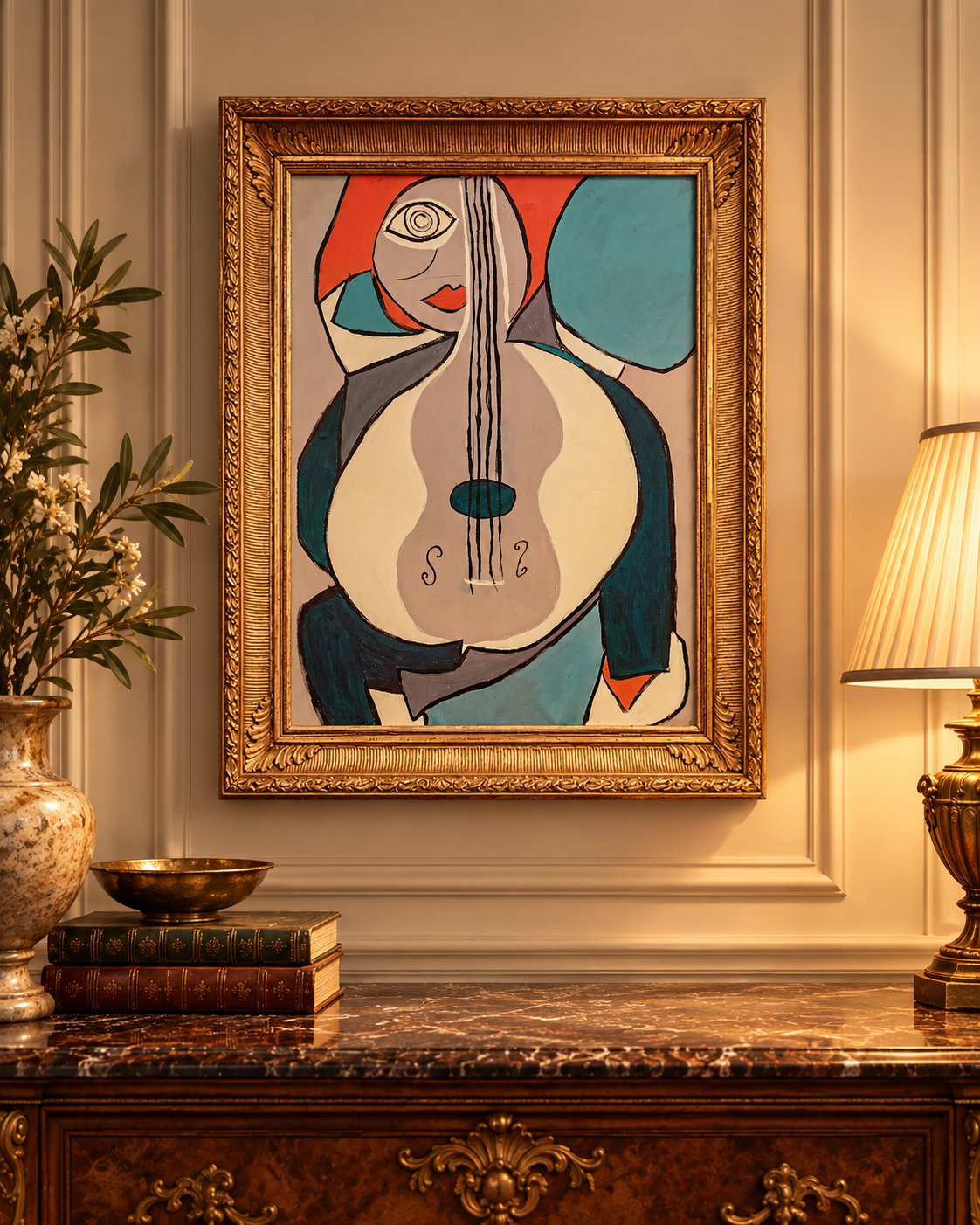 Forgot to Play, cubist cello portrait in an ornate gold frame