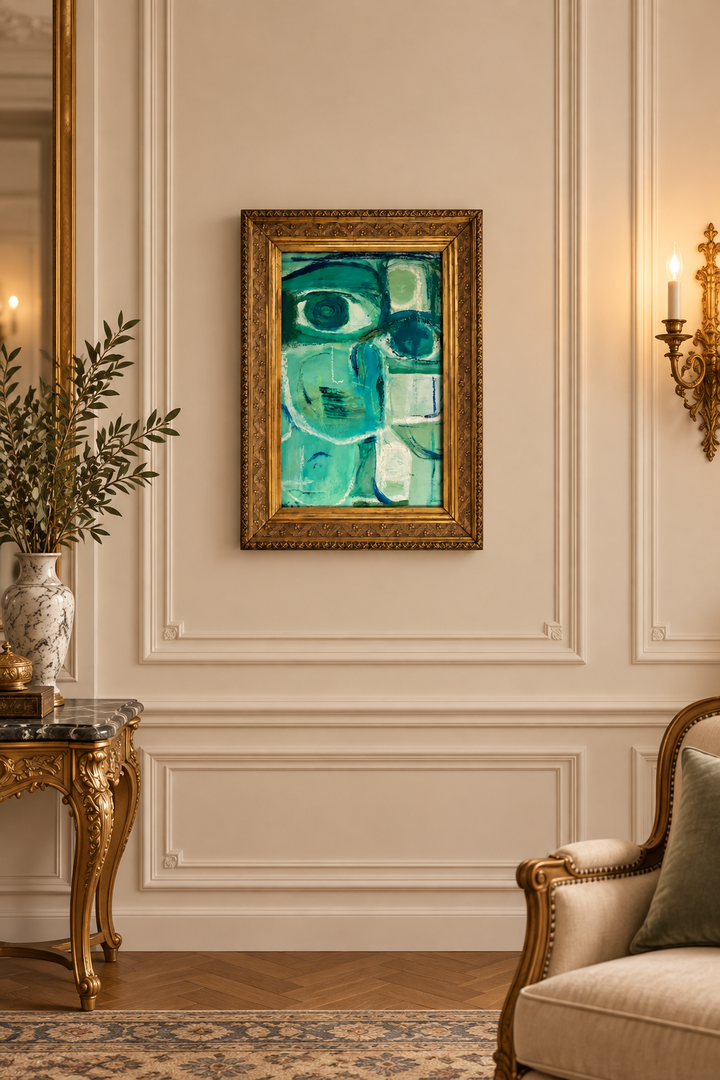 Le Regard, abstract face in a gold frame