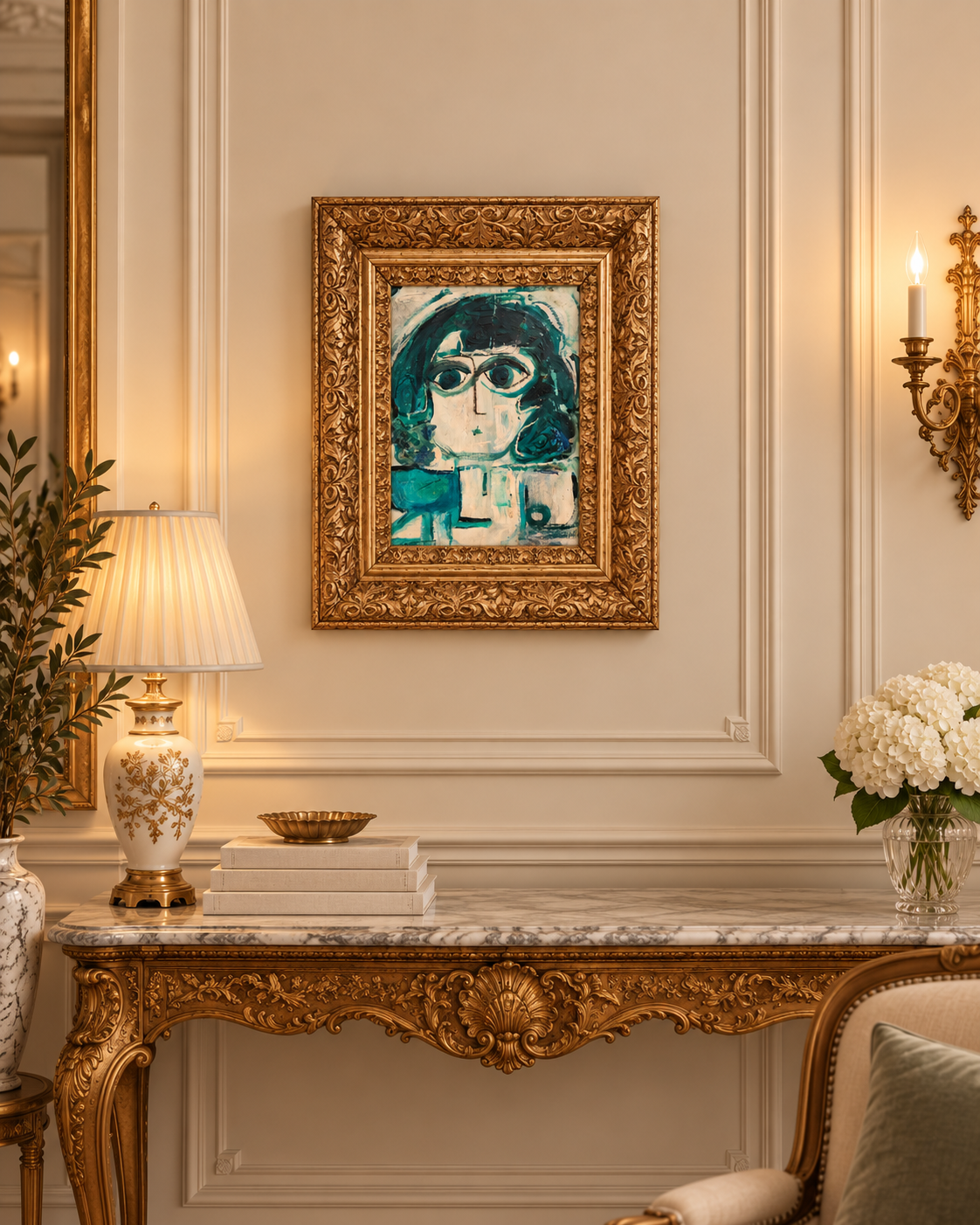 Modern Muse, modern portrait in an ornate gold frame