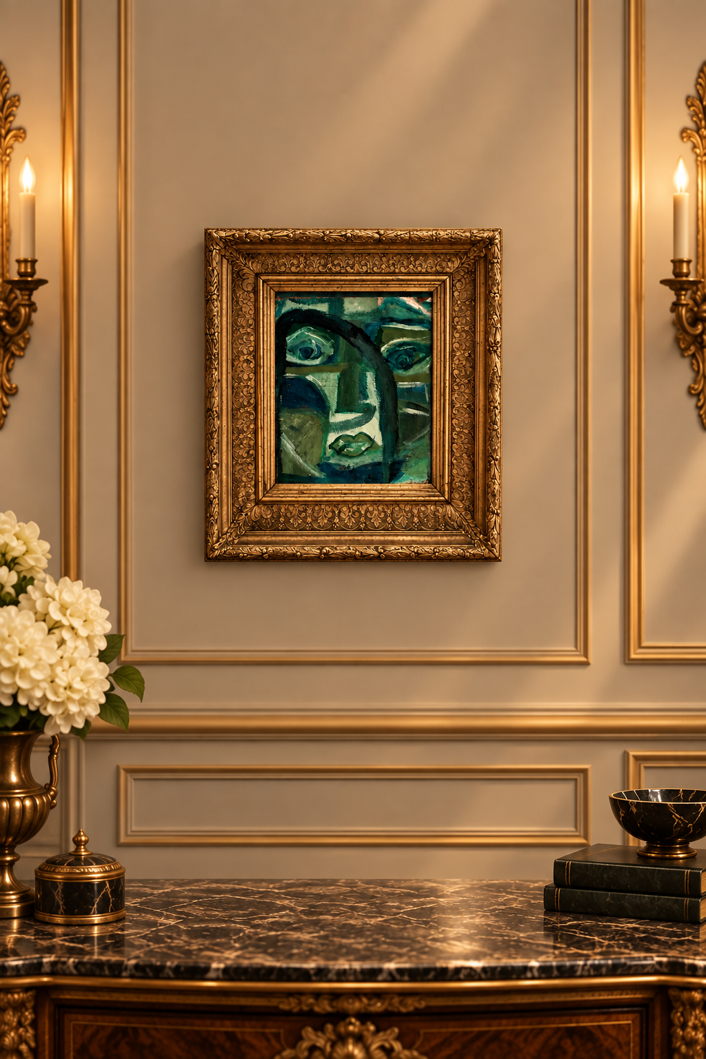 Pieces of Me, emerald portrait in an ornate frame