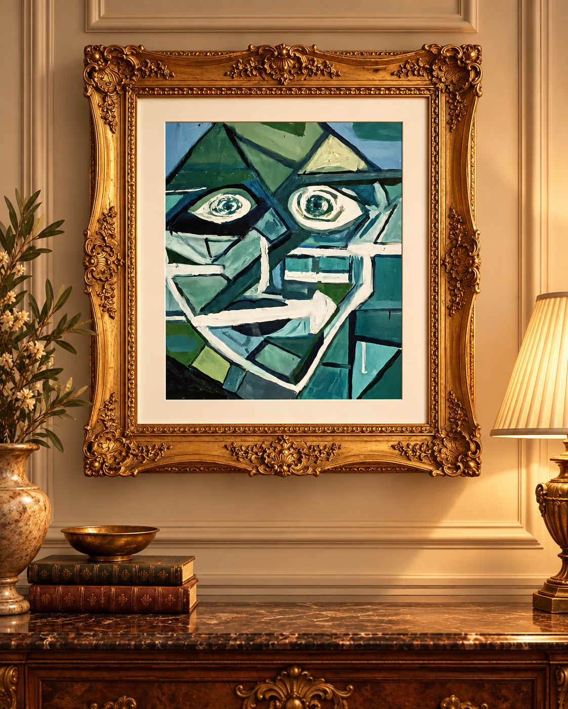 Tin Man, blue-green cubist face in an ornate gold frame